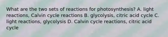 What are the two sets of reactions for photosynthesis? A. light reactions, Calvin cycle reactions B. glycolysis, citric acid cycle C. light reactions, glycolysis D. Calvin cycle reactions, citric acid cycle