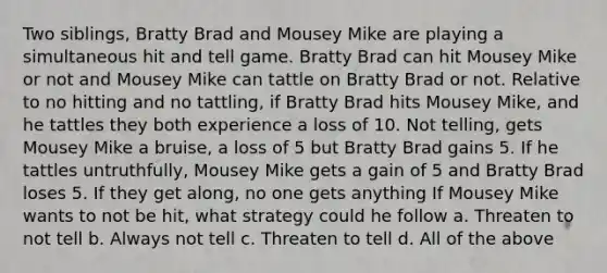 Two siblings, Bratty Brad and Mousey Mike are playing a simultaneous hit and tell game. Bratty Brad can hit Mousey Mike or not and Mousey Mike can tattle on Bratty Brad or not. Relative to no hitting and no tattling, if Bratty Brad hits Mousey Mike, and he tattles they both experience a loss of 10. Not telling, gets Mousey Mike a bruise, a loss of 5 but Bratty Brad gains 5. If he tattles untruthfully, Mousey Mike gets a gain of 5 and Bratty Brad loses 5. If they get along, no one gets anything ​If Mousey Mike wants to not be hit, what strategy could he follow a. ​Threaten to not tell b. ​Always not tell c. ​Threaten to tell d. ​All of the above