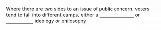 Where there are two sides to an issue of public concern, voters tend to fall into different camps, either a _______________ or ____________ ideology or philosophy.