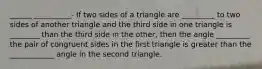 ______ __________- If two sides of a triangle are _________ to two sides of another triangle and the third side in one triangle is ________ than the third side in the other, then the angle _________ the pair of congruent sides in the first triangle is greater than the ____________ angle in the second triangle.