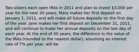 Two sisters each open IRAs in 2011 and plan to invest 3,000 per year for the next 30 years. Mary makes her first deposit on January 1, 2011, and will make all future deposits on the first day of the year. Jane makes her first deposit on December 31, 2011, and will continue to make her annual deposits on the last day of each year. At the end of 30 years, the difference in the value of the IRAs (rounded to the nearest dollar), assuming an interest rate of 7% per year, will be