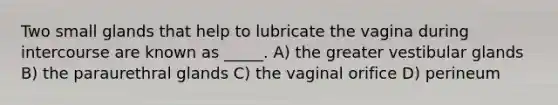 Two small glands that help to lubricate the vagina during intercourse are known as _____. A) the greater vestibular glands B) the paraurethral glands C) the vaginal orifice D) perineum