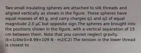 Two small insulating spheres are attached to silk threads and aligned vertically as shown in the figure. These spheres have equal masses of 40 g, and carry charges q1 and q2 of equal magnitude 2.0 μC but opposite sign.The spheres are brought into the positions shown in the figure, with a vertical separation of 15 cm between them. Note that you cannot neglect gravity. (k=1/4πϵ0=8.99×109 N · m2/C2) The tension in the lower thread is closest to