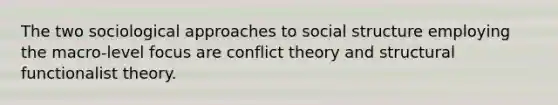 The two sociological approaches to social structure employing the macro-level focus are conflict theory and structural functionalist theory.