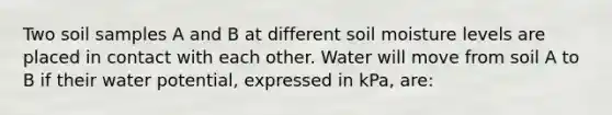 Two soil samples A and B at different soil moisture levels are placed in contact with each other. Water will move from soil A to B if their water potential, expressed in kPa, are: