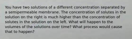 You have two solutions of a different concentration separated by a semipermeable membrane. The concentration of solutes in the solution on the right is much higher than the concentration of solutes in the solution on the left. What will happen to the volumes of the solutions over time? What process would cause that to happen?