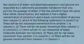 Two solutions of water and dissolved potassium and glucose are separated by a selectively permeable membrane that only permits the passage of water. If the two solutions have the same total solute concentration, but solution 1 has a higher concentration of potassium and a lower concentration of glucose than solution 2, which of the following statements is correct? a) There will be net potassium movement from solution 1 to solution 2. b) There will be net water movement from solution 1 to solution 2. c) There will be no net movement of water molecules between the solutions. d) There will be net water movement from solution 2 to solution 1. e) There will be net glucose movement from solution 2 to solution 1.