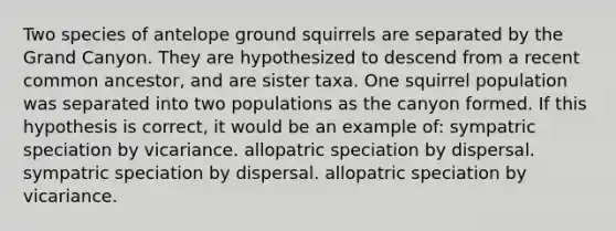 Two species of antelope ground squirrels are separated by the Grand Canyon. They are hypothesized to descend from a recent common ancestor, and are sister taxa. One squirrel population was separated into two populations as the canyon formed. If this hypothesis is correct, it would be an example of: sympatric speciation by vicariance. allopatric speciation by dispersal. sympatric speciation by dispersal. allopatric speciation by vicariance.