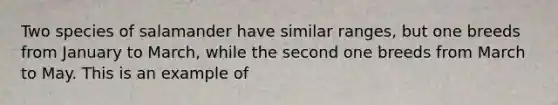 Two species of salamander have similar ranges, but one breeds from January to March, while the second one breeds from March to May. This is an example of