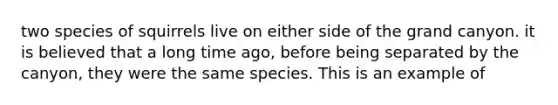 two species of squirrels live on either side of the grand canyon. it is believed that a long time ago, before being separated by the canyon, they were the same species. This is an example of