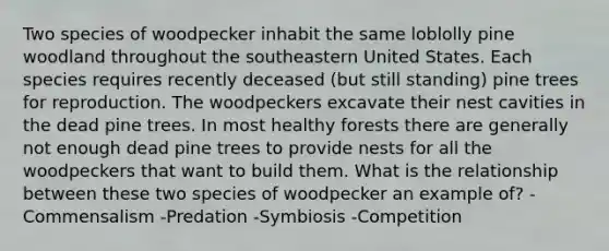 Two species of woodpecker inhabit the same loblolly pine woodland throughout the southeastern United States. Each species requires recently deceased (but still standing) pine trees for reproduction. The woodpeckers excavate their nest cavities in the dead pine trees. In most healthy forests there are generally not enough dead pine trees to provide nests for all the woodpeckers that want to build them. What is the relationship between these two species of woodpecker an example of? -Commensalism -Predation -Symbiosis -Competition