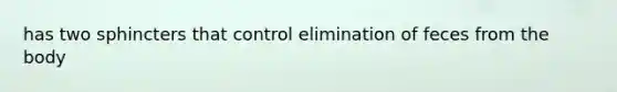 has two sphincters that control elimination of feces from the body