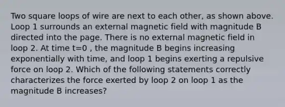 Two square loops of wire are next to each other, as shown above. Loop 1 surrounds an external magnetic field with magnitude B directed into the page. There is no external magnetic field in loop 2. At time t=0 , the magnitude B begins increasing exponentially with time, and loop 1 begins exerting a repulsive force on loop 2. Which of the following statements correctly characterizes the force exerted by loop 2 on loop 1 as the magnitude B increases?