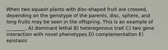 When two squash plants with disc-shaped fruit are crossed, depending on the genotype of the parents, disc, sphere, and long fruits may be seen in the offspring. This is an example of ________. A) dominant lethal B) heterogenous trait C) two gene interaction with novel phenotypes D) complementation E) epistasis