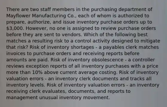 There are two staff members in the purchasing department of Mayflower Manufacturing Co., each of whom is authorized to prepare, authorize, and issue inventory purchase orders up to 3,000. However, no one is assigned to review purchase orders before they are sent to vendors. Which of the following best matches a resulting risk to a control activity designed to mitigate that risk? Risk of inventory shortages - a payables clerk matches invoices to purchase orders and receiving reports before amounts are paid. Risk of inventory obsolescence - a controller reviews exception reports of all inventory purchases with a price more than 10% above current average costing. Risk of inventory valuation errors - an inventory clerk documents and tracks all inventory levels. Risk of inventory valuation errors - an inventory receiving clerk evaluates, documents, and reports to management unusual inventory movement.