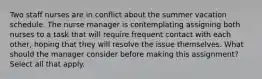 Two staff nurses are in conflict about the summer vacation schedule. The nurse manager is contemplating assigning both nurses to a task that will require frequent contact with each other, hoping that they will resolve the issue themselves. What should the manager consider before making this assignment? Select all that apply.