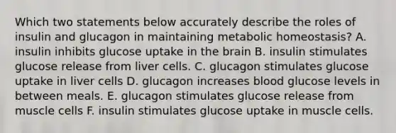 Which two statements below accurately describe the roles of insulin and glucagon in maintaining metabolic homeostasis? A. insulin inhibits glucose uptake in the brain B. insulin stimulates glucose release from liver cells. C. glucagon stimulates glucose uptake in liver cells D. glucagon increases blood glucose levels in between meals. E. glucagon stimulates glucose release from muscle cells F. insulin stimulates glucose uptake in muscle cells.