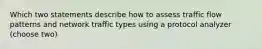 Which two statements describe how to assess traffic flow patterns and network traffic types using a protocol analyzer (choose two)