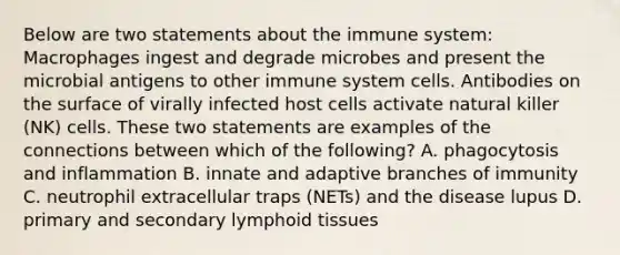 Below are two statements about the immune system: Macrophages ingest and degrade microbes and present the microbial antigens to other immune system cells. Antibodies on the surface of virally infected host cells activate natural killer (NK) cells. These two statements are examples of the connections between which of the following? A. phagocytosis and inflammation B. innate and adaptive branches of immunity C. neutrophil extracellular traps (NETs) and the disease lupus D. primary and secondary lymphoid tissues