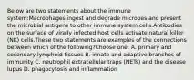 Below are two statements about the immune system:Macrophages ingest and degrade microbes and present the microbial antigens to other immune system cells.Antibodies on the surface of virally infected host cells activate natural killer (NK) cells.These two statements are examples of the connections between which of the following?Choose one: A. primary and secondary lymphoid tissues B. innate and adaptive branches of immunity C. neutrophil extracellular traps (NETs) and the disease lupus D. phagocytosis and inflammation