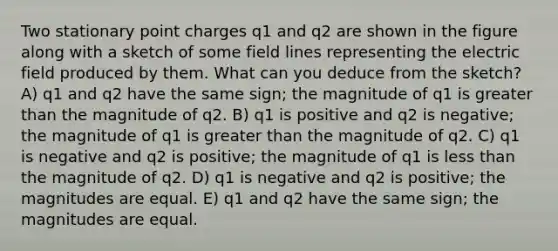 Two stationary point charges q1 and q2 are shown in the figure along with a sketch of some field lines representing the electric field produced by them. What can you deduce from the sketch? A) q1 and q2 have the same sign; the magnitude of q1 is <a href='https://www.questionai.com/knowledge/ktgHnBD4o3-greater-than' class='anchor-knowledge'>greater than</a> the magnitude of q2. B) q1 is positive and q2 is negative; the magnitude of q1 is greater than the magnitude of q2. C) q1 is negative and q2 is positive; the magnitude of q1 is <a href='https://www.questionai.com/knowledge/k7BtlYpAMX-less-than' class='anchor-knowledge'>less than</a> the magnitude of q2. D) q1 is negative and q2 is positive; the magnitudes are equal. E) q1 and q2 have the same sign; the magnitudes are equal.