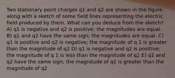 Two stationary point charges q1 and q2 are shown in the figure along with a sketch of some field lines representing the electric field produced by them. What can you deduce from the sketch? A) q1 is negative and q2 is positive; the magnitudes are equal. B) q1 and q2 have the same sign; the magnitudes are equal. C) q1 is positive and q2 is negative; the magnitude of q 1 is greater than the magnitude of q2 D) q1 is negative and q2 is positive; the magnitude of q 1 is less than the magnitude of q2 E) q1 and q2 have the same sign; the magnitude of q1 is greater than the magnitude of q2