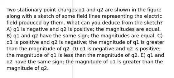 Two stationary point charges q1 and q2 are shown in the figure along with a sketch of some field lines representing the electric field produced by them. What can you deduce from the sketch? A) q1 is negative and q2 is positive; the magnitudes are equal. B) q1 and q2 have the same sign; the magnitudes are equal. C) q1 is positive and q2 is negative; the magnitude of q1 is <a href='https://www.questionai.com/knowledge/ktgHnBD4o3-greater-than' class='anchor-knowledge'>greater than</a> the magnitude of q2. D) q1 is negative and q2 is positive; the magnitude of q1 is <a href='https://www.questionai.com/knowledge/k7BtlYpAMX-less-than' class='anchor-knowledge'>less than</a> the magnitude of q2. E) q1 and q2 have the same sign; the magnitude of q1 is greater than the magnitude of q2.