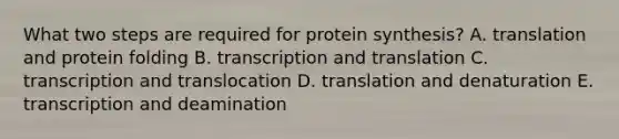 What two steps are required for protein synthesis? A. translation and protein folding B. transcription and translation C. transcription and translocation D. translation and denaturation E. transcription and deamination