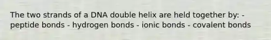 The two strands of a DNA double helix are held together by: - peptide bonds - hydrogen bonds - ionic bonds - covalent bonds