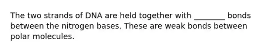 The two strands of DNA are held together with ________ bonds between the nitrogen bases. These are weak bonds between polar molecules.
