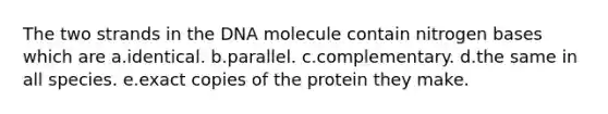 The two strands in the DNA molecule contain nitrogen bases which are a.identical. b.parallel. c.complementary. d.the same in all species. e.exact copies of the protein they make.