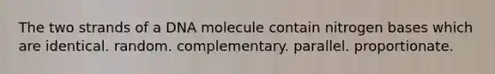 The two strands of a DNA molecule contain nitrogen bases which are identical. random. complementary. parallel. proportionate.