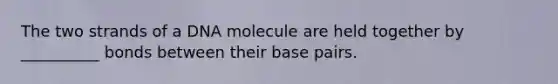 The two strands of a DNA molecule are held together by __________ bonds between their base pairs.