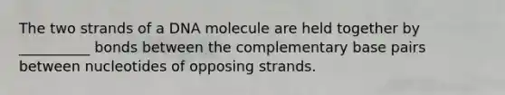 The two strands of a DNA molecule are held together by __________ bonds between the complementary base pairs between nucleotides of opposing strands.