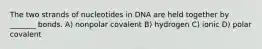 The two strands of nucleotides in DNA are held together by _______ bonds. A) nonpolar covalent B) hydrogen C) ionic D) polar covalent