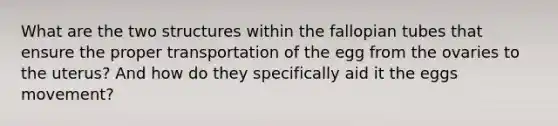 What are the two structures within the fallopian tubes that ensure the proper transportation of the egg from the ovaries to the uterus? And how do they specifically aid it the eggs movement?