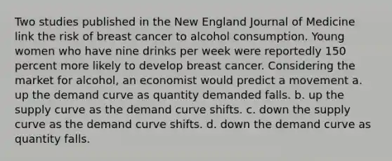 Two studies published in the New England Journal of Medicine link the risk of breast cancer to alcohol consumption. Young women who have nine drinks per week were reportedly 150 percent more likely to develop breast cancer. Considering the market for alcohol, an economist would predict a movement a. up the demand curve as quantity demanded falls. b. up the supply curve as the demand curve shifts. c. down the supply curve as the demand curve shifts. d. down the demand curve as quantity falls.