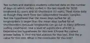 Two surfers and statistics students collected data on the number of days on which surfers surfed in the last month for 3030 longboard​ (L) users and 30 shortboard​ (S) users. Treat these data as though they were from two independent random samples. Test the hypothesis that the mean days surfed for all longboarders is larger than the mean days surfed for all shortboarders​ (because longboards can go out in many different surfing​ conditions). Use a level of significance of 0.05. a. Determine the hypotheses for this test. Choose the correct answer below. b. Find the test statistic for this test. Find the​ p-value for this test. What is the conclusion for this​ test?