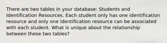 There are two tables in your database: Students and Identification Resources. Each student only has one identification resource and only one identification resource can be associated with each student. What is unique about the relationship between these two tables?