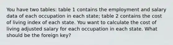 You have two tables: table 1 contains the employment and salary data of each occupation in each state; table 2 contains the cost of living index of each state. You want to calculate the cost of living adjusted salary for each occupation in each state. What should be the foreign key?