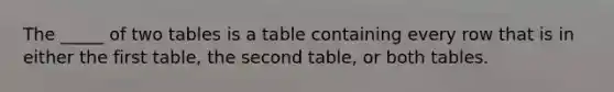 The _____ of two tables is a table containing every row that is in either the first table, the second table, or both tables.