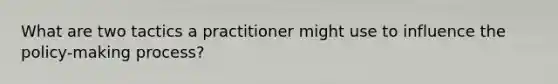 What are two tactics a practitioner might use to influence the policy-making process?