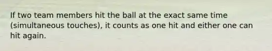 If two team members hit the ball at the exact same time (simultaneous touches), it counts as one hit and either one can hit again.