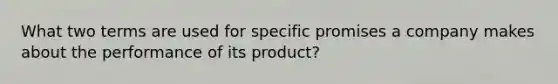 What two terms are used for specific promises a company makes about the performance of its product?