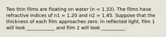 Two thin films are floating on water (n = 1.33). The films have refractive indices of n1 = 1.20 and n2 = 1.45. Suppose that the thickness of each film approaches zero. In reflected light, film 1 will look ____________ and film 2 will look __________.