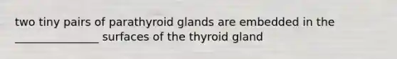 two tiny pairs of parathyroid glands are embedded in the _______________ surfaces of the thyroid gland