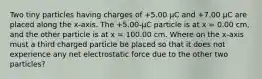 Two tiny particles having charges of +5.00 μC and +7.00 μC are placed along the x-axis. The +5.00-µC particle is at x = 0.00 cm, and the other particle is at x = 100.00 cm. Where on the x-axis must a third charged particle be placed so that it does not experience any net electrostatic force due to the other two particles?