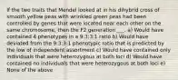 If the two traits that Mendel looked at in his dihybrid cross of smooth yellow peas with wrinkled green peas had been controlled by genes that were located near each other on the same chromosome, then the F2 generation ___. a) Would have contained 4 phenotypes in a 9:3:3:1 ratio b) Would have deviated from the 9:3:3:1 phenotypic ratio that is predicted by the low of independent assortment c) Would have contained only individuals that were heterozygous at both loci d) Would have contained no individuals that were heterozygous at both loci e) None of the above