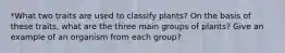 *What two traits are used to classify plants? On the basis of these traits, what are the three main groups of plants? Give an example of an organism from each group?