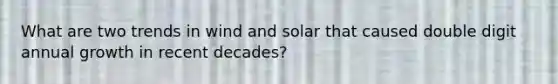 What are two trends in wind and solar that caused double digit annual growth in recent decades?